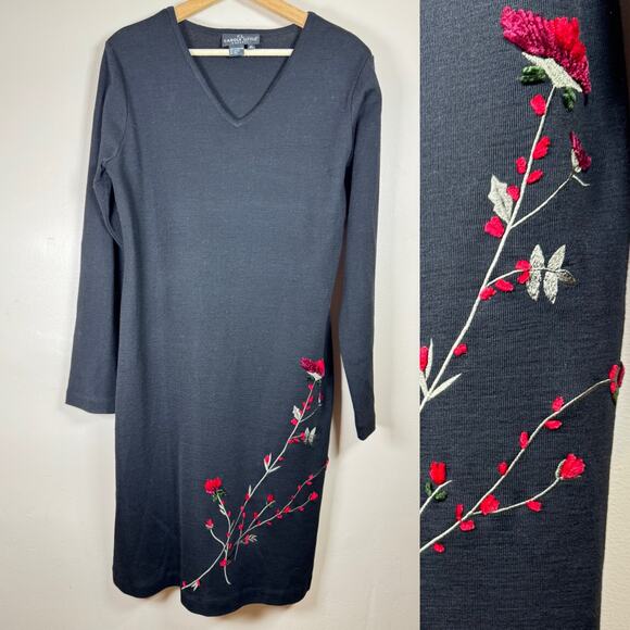 VTG Carole Little Sweater Dress XL Black Floral Embroidery Romantic Wool 90s - Picture 1 of 8